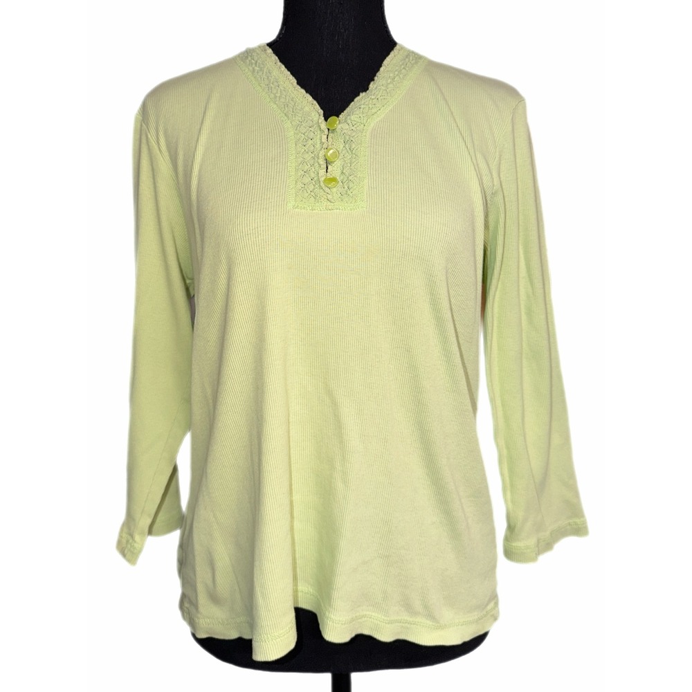 Talbots Petites Lime Green Pima Cotton Ribbed Crochet Lace Henley Top‎ Large L